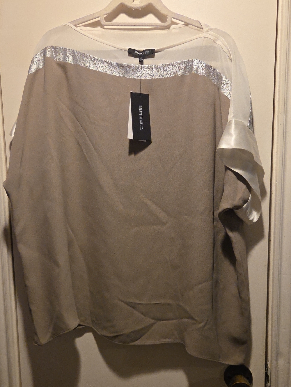 Lafayette 148 New York Taupe and White Silk-Trim Blouse with Silver Accent
